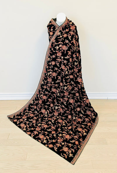 Elegant Black Velvet Shawl with Orange Floral Embroidery