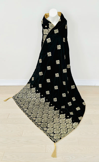 Elegant Black Velvet Shawl with Floral Embroidery