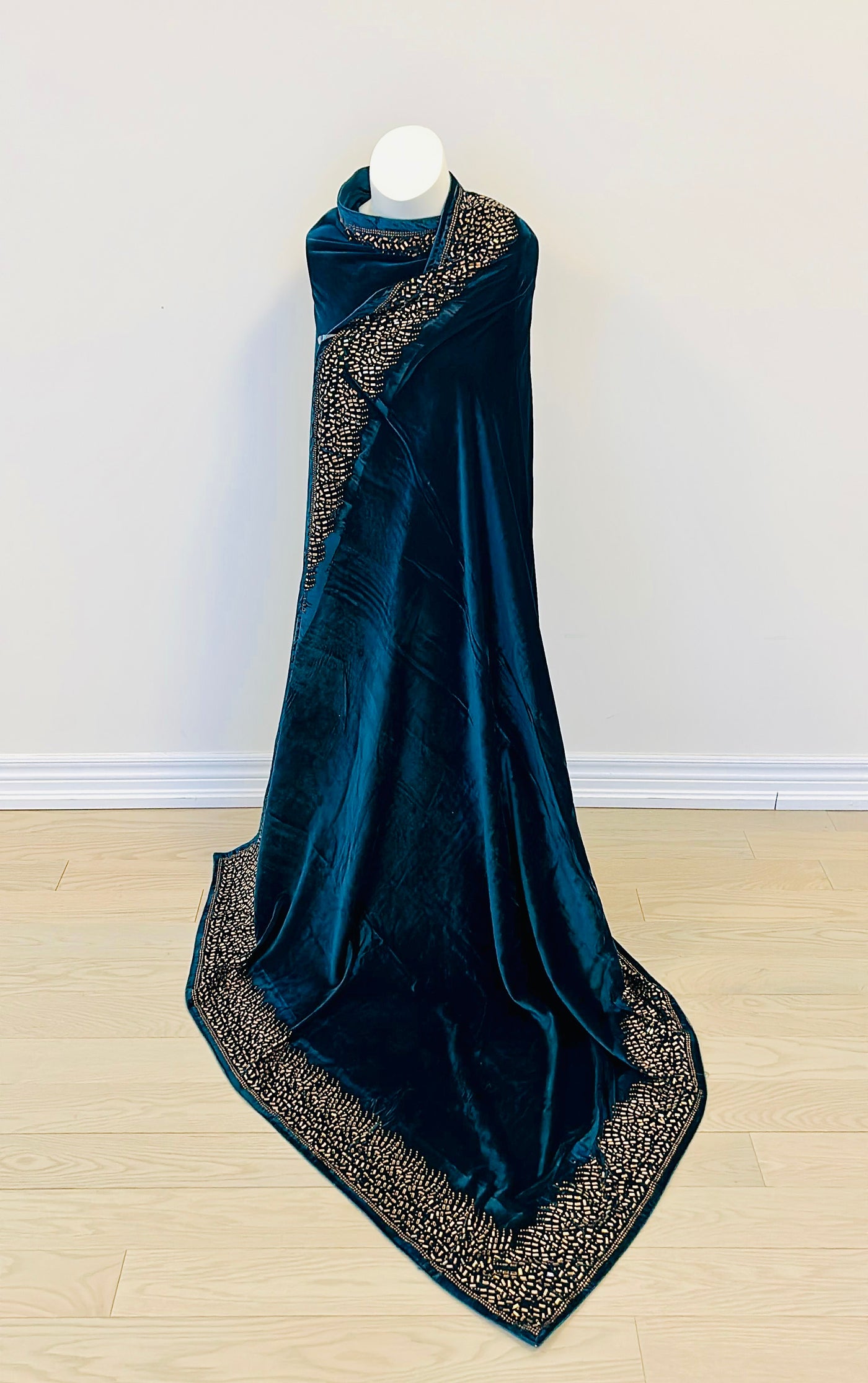 Luxurious Dark Blue Velvet Shawl with Crystal Border Design