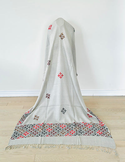 Elegant White and Grey Pashmina Shawl with Floral Design