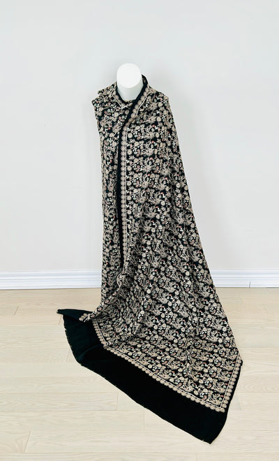 Elegant Black and White Pashmina Shawl with White Floral Embroidery