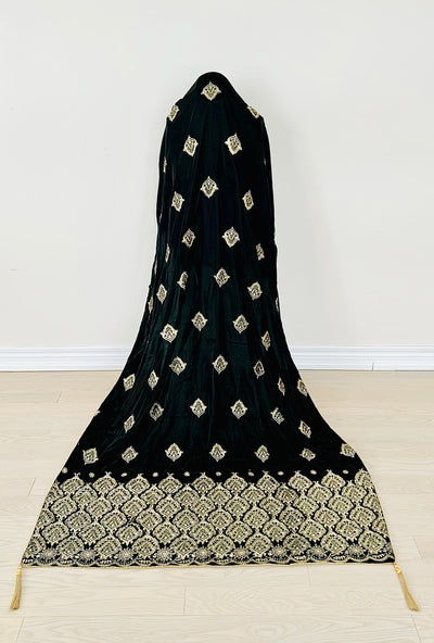 Elegant Black Velvet Shawl with Floral Embroidery