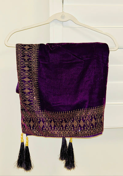 Royal Purple Velvet Shawl with Elegant Border Design