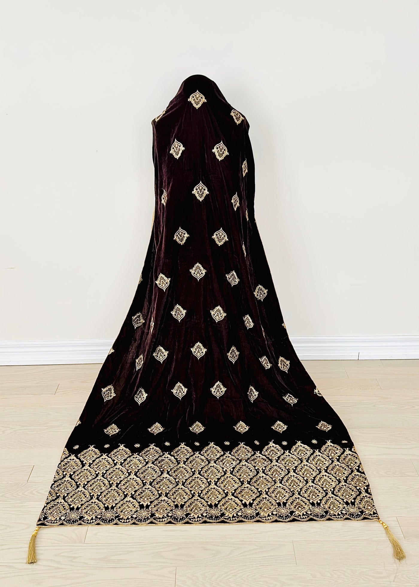 Luxurious Browish-Black Velvet Shawl with Floral Embroidery