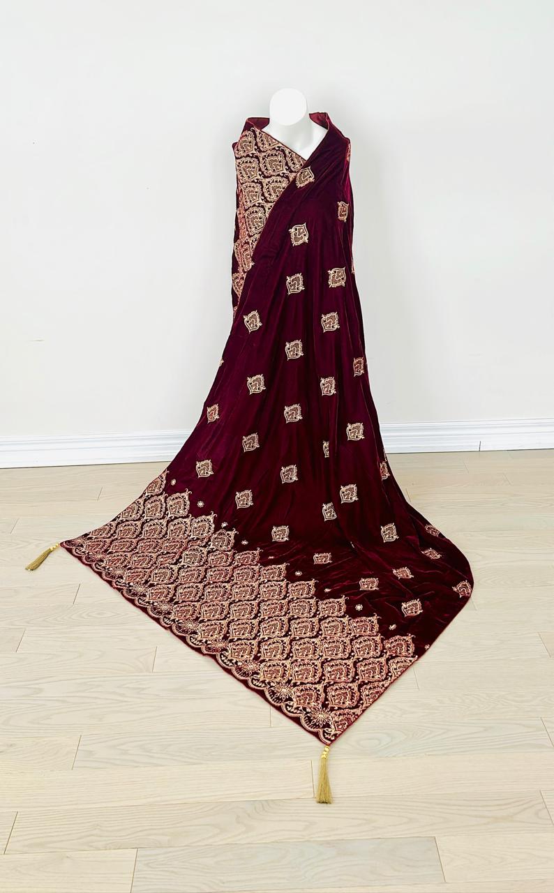 Elegant Mehroon-Red Velvet Shawl with Traditional Embroidery